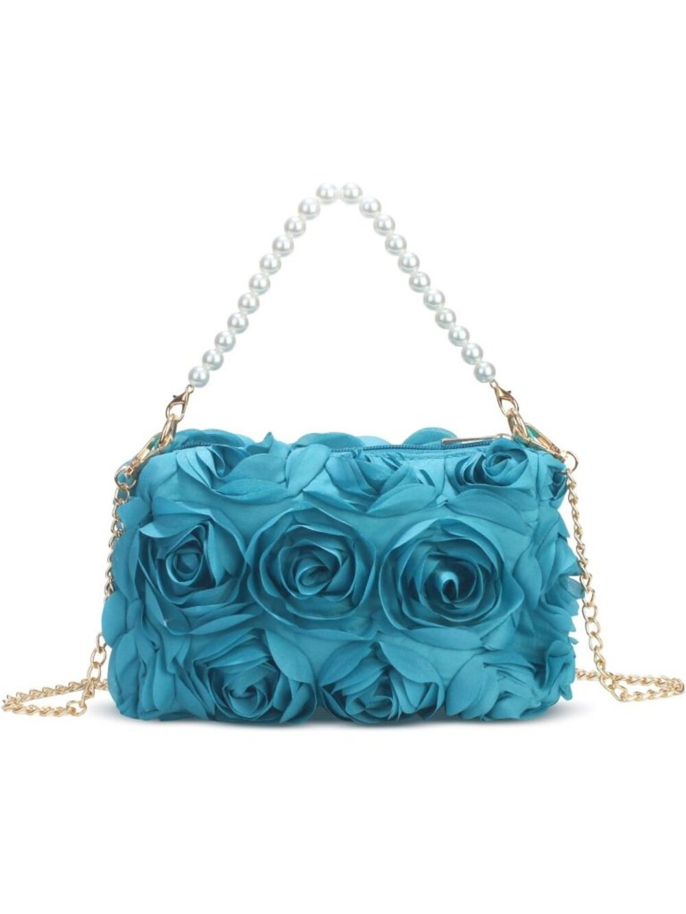 Women's Blue 3D Floral Chiffon Pearl Beaded Top Handle Evening Clutch Purse